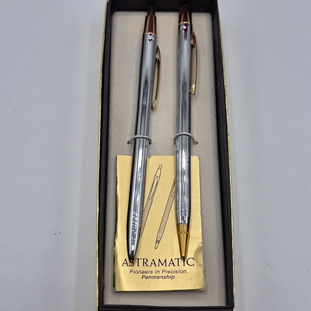 ASTRAMATIC Ballpoint Pens Set Chrome Gold Finish Vintage Penmanship Collection